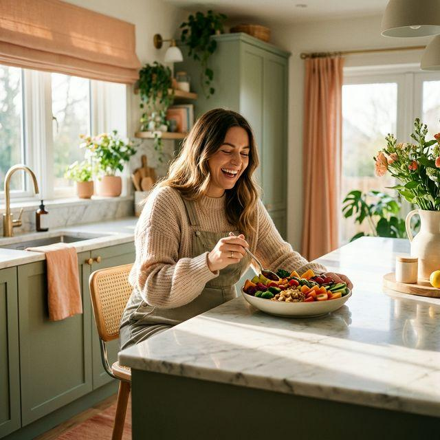 Mulher sorrindo enquanto come uma refeição colorida na cozinha