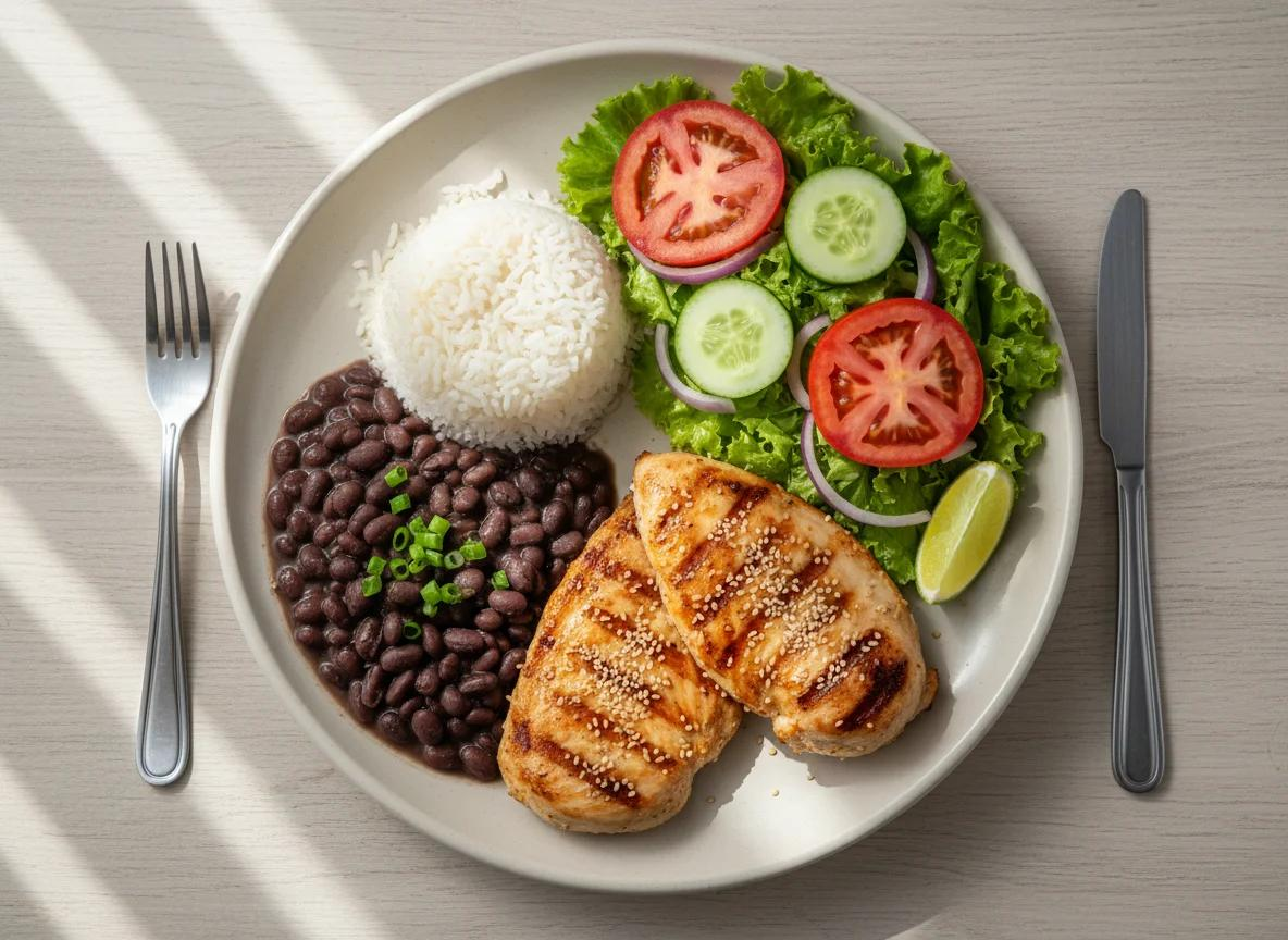 Prato com arroz, feijão, frango grelhado e salada